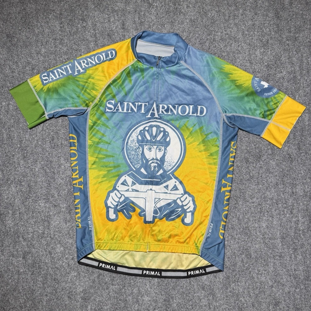 Saint Arnold Brewing Primal Race Cut Men XL Cycling Jersey Zip Up Biking Yellow